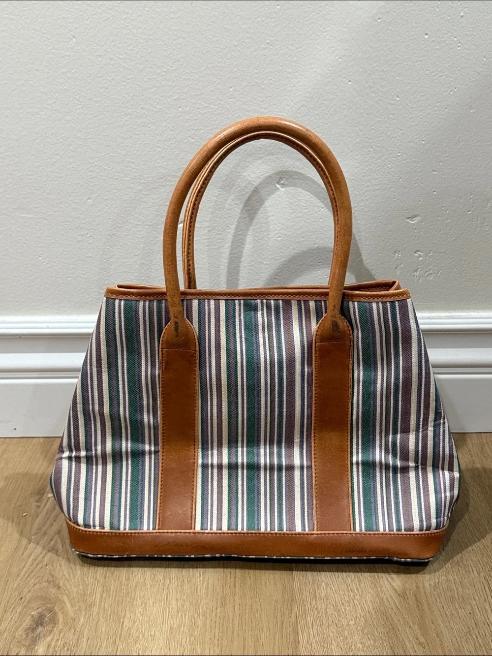 Coach Striped Canvas Mini Tote with Tan Leather Trim